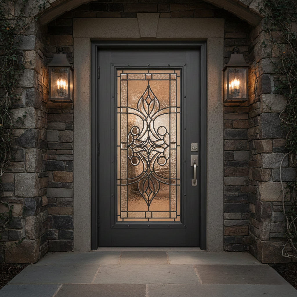 A steel door with a decorative glass insert (laminated and tempered) offers both curb appeal and security—the glass allows natural light while remaining difficult to break.